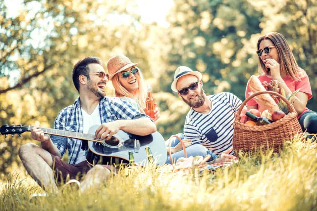 two men and women enjoying picnic