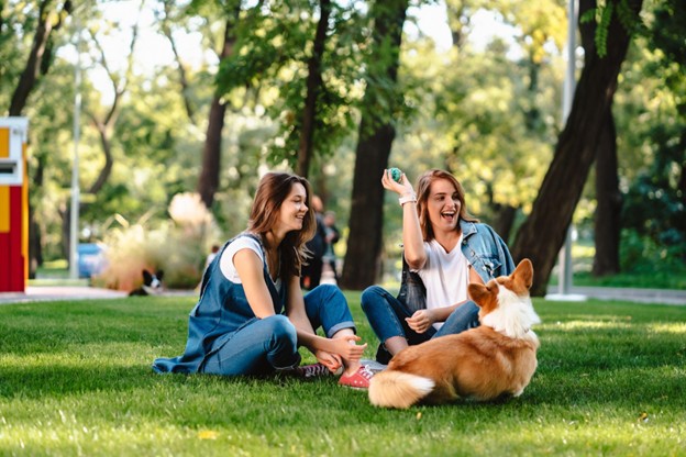 2 Girls at the Washington DC Park with a Dog